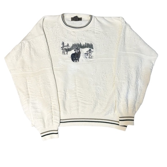Vintage Cedar Falls XL Sweater Wolf Embroidery Cream Textured Knit Wildlife USA - Picture 6 of 6